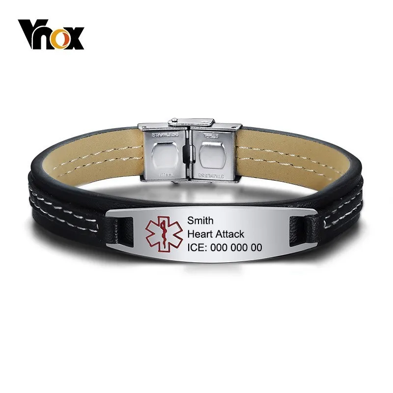 Мужской браслет из натуральной кожи Vnox медицинский нержавеющей стали с