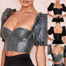 Летний укороченный топ с рукавами-фонариками, женский сексуальный жилет с v-образным вырезом без бретелек на молнии, майка с эффектом пуш-ап, женская модная уличная одежда