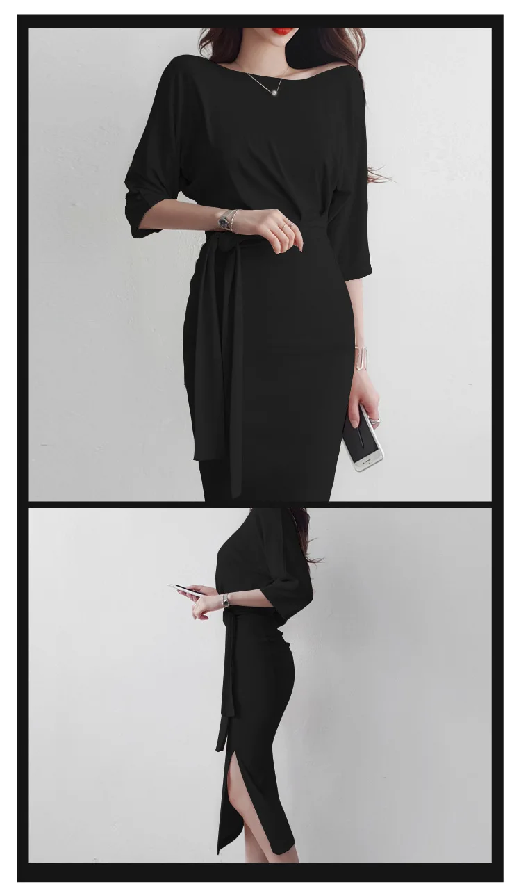 Solid Brief Autumn Dress Women Black Casual Elegant Dress Ladies Ropa Mujer Women Half Sleeve Corset Split Bodycon Wrap Dress