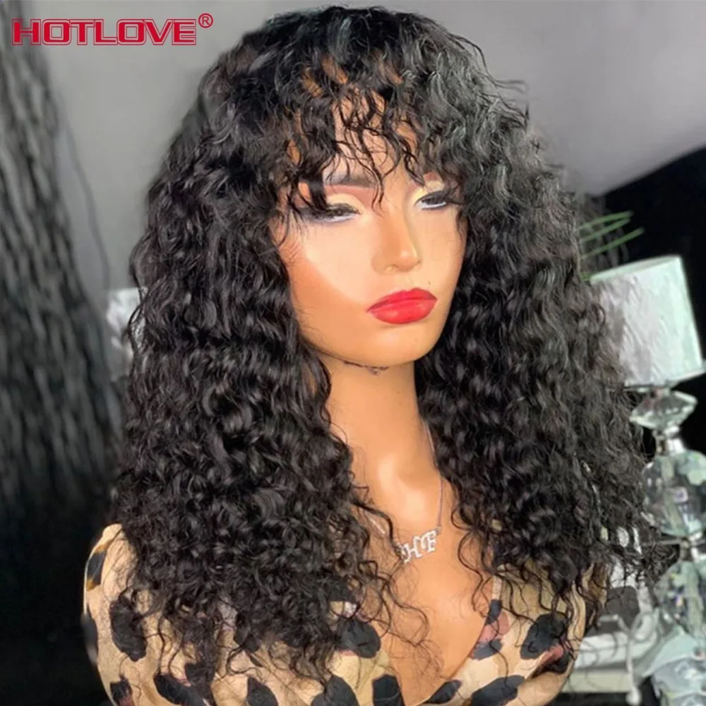 Frente do Cabelo Perucas com Franja Peruca de Cabelo Malaio Completa Máquina Feita Franja Perucas Kinky Encaracolado Humano Remy Cor Natural 150% 28 Polegadas 4 encaracolado frente do cabelo humano perucas com