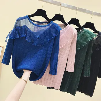 

2020 Summer New Korean-style Gauze Joint Lace Shirt Shirt Women's Elegant Tops Falbala Short Sleeve Knitting shirts Basic Tee
