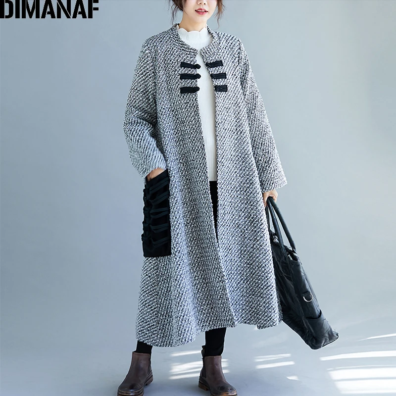

DIMANAF Plus Size Women Winter Coats X-Long Thicken Female Outerwear Vintage Chinese Style Loose Overcoat Button Pockets Grey