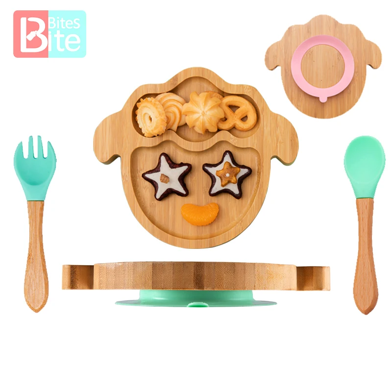 

3PC Baby Feeding Bowl Baby Dinner Plate Cartoon Sheep Bamboo Kids Feeding Dinnerware With Silicone Suction Cup Wooden Fork Spoon