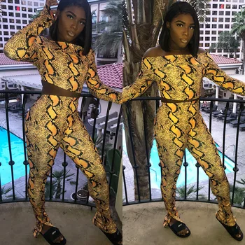 

European, American and African ethnic style women's fashion sexy snakeskin track suit one-word shoulder tights