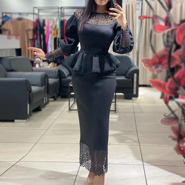 Abito lungo da sera primavera abito da donna Sexy in maglia a maniche  lunghe in peplo nero con volant elegante abito da donna formale Maxi  autunno|Dresses| - AliExpress