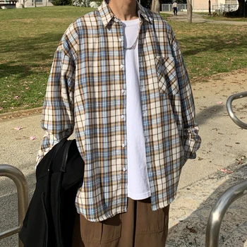 

Mens Harajuku Plaid Vintage Shirts 2020 Man Japanese Streetwear Pockets Shirts Long Sleeve Male Casual Button Up Shirt