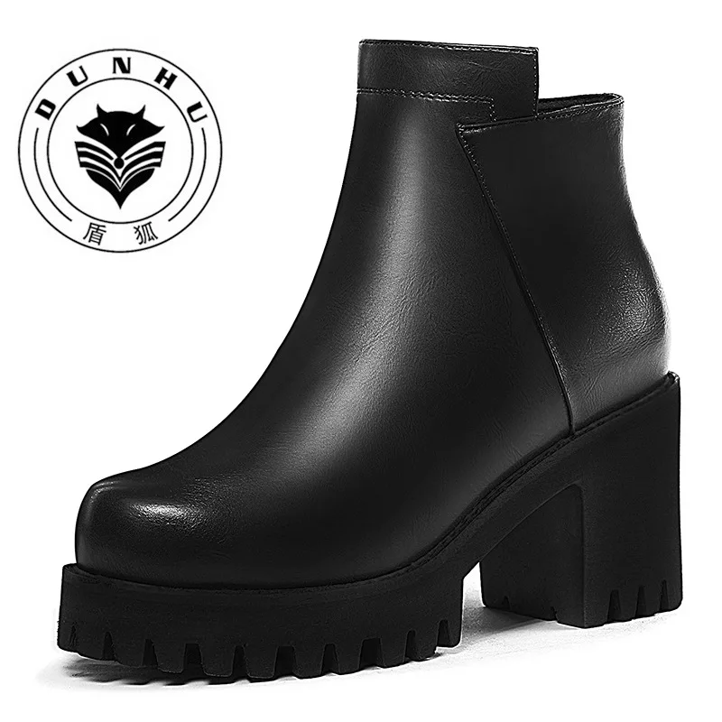 

Dunhu Genuine Product 2019 Autumn And Winter New Style Casual Women's Boots Chunky Heel Side Zipper Short Boots Waterproof Platf