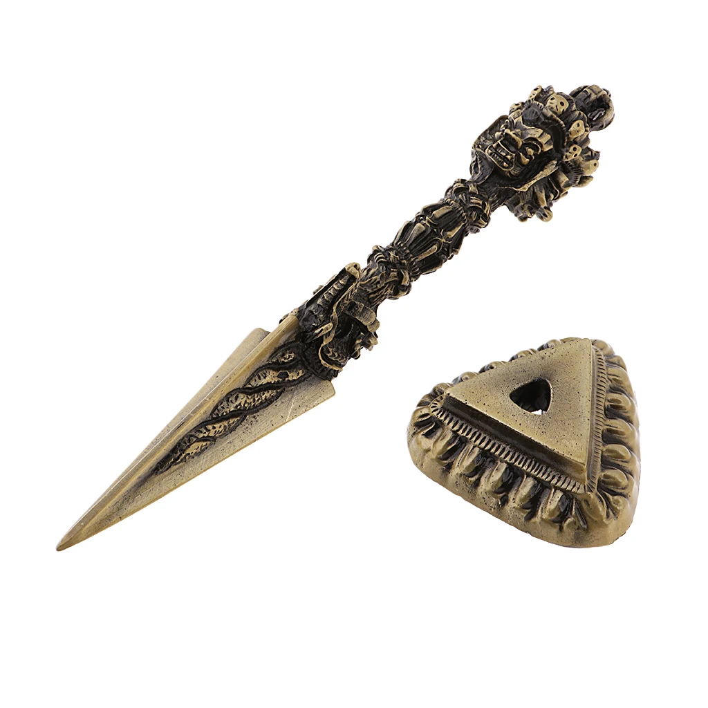 Faced Dark Phurba - 7 inch Mahakala Tibetan Nepal Vajra Deity Dagger Tibetan Buddhism Swastika Kila Phurpa - Brass Made