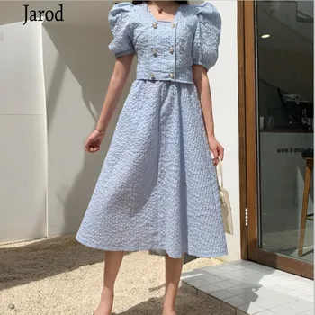 

summer Womens Two Piece Sets sweet square collar puff Short Sleeve double-breasted crop Top + High Waist swing Midi Skirt Set