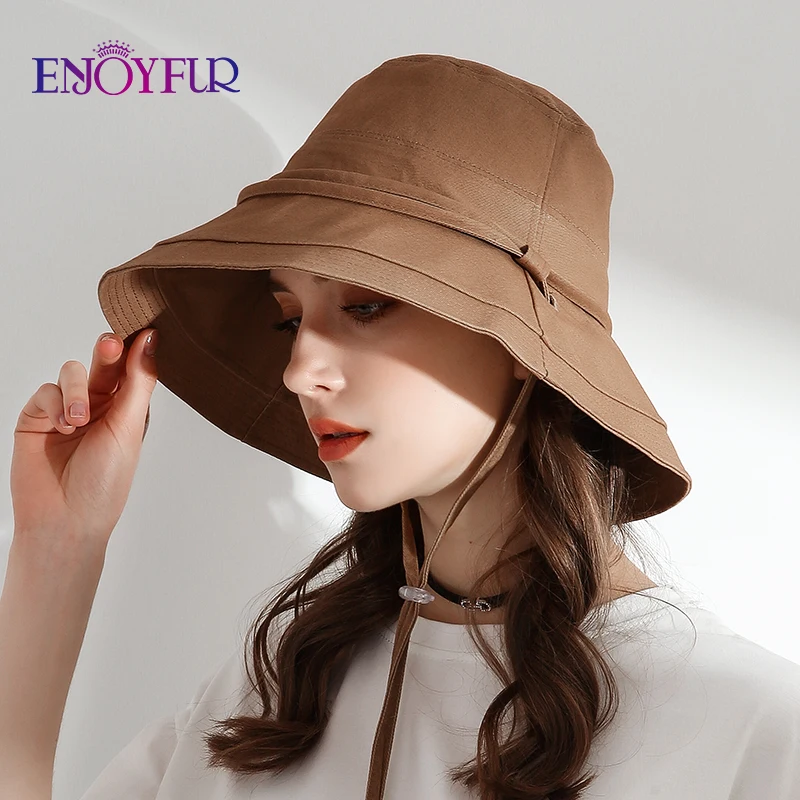 ENJOYFUR Women Cotton Summer Sun Hats Wide Brim Foldable Fashion Beach Hat Adjustable Lace-up UV Sun protection Female Cap New