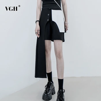 

VGH Casual Asmmetrical Loose Women Knee Length Pants High Waist Patchwork Hit Color Irregular Wide Leg Pant Female Fashion Tide