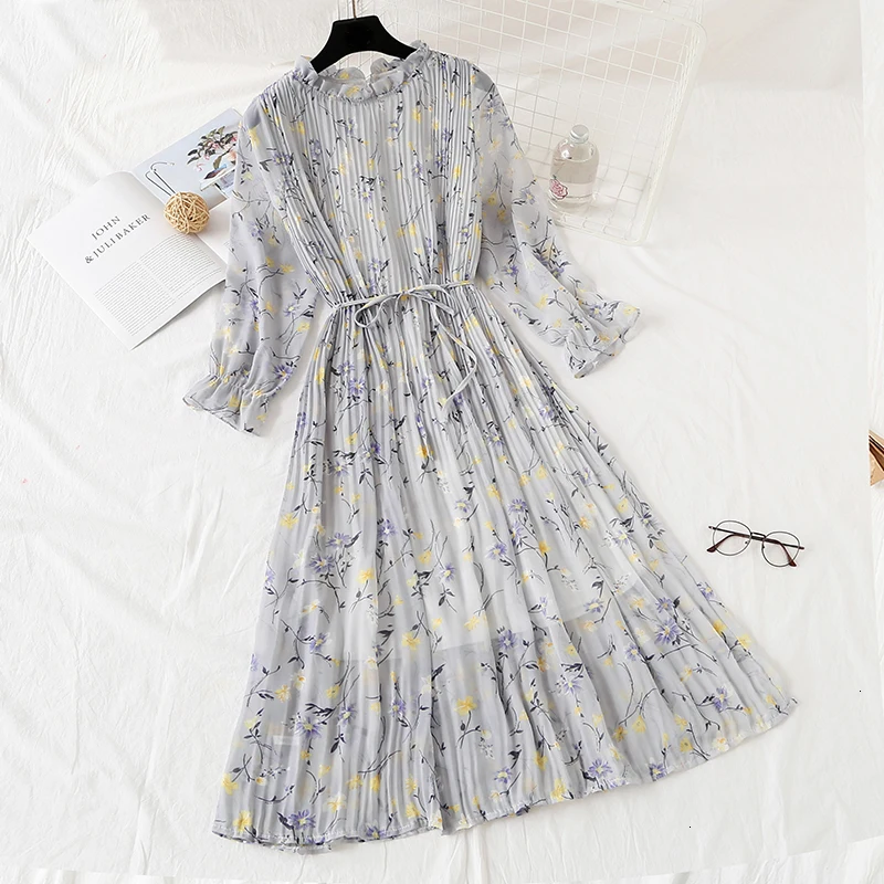 

S -2XL Plus Size Jurk Women 2019 Summer Bohemian Flower Print Plot Chiffon Jurk Long sleeves Loose dresses Vestidos