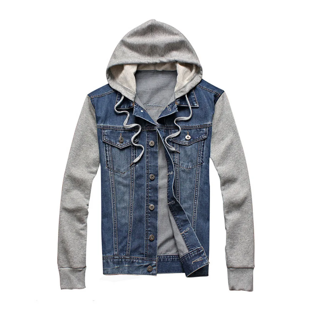 

feitong Men Hoodies Sweatshirt Autumn Winter Vintage Patchwork Wash Distressed Denim Coat Top Blouse Outwear Толстовка мужская