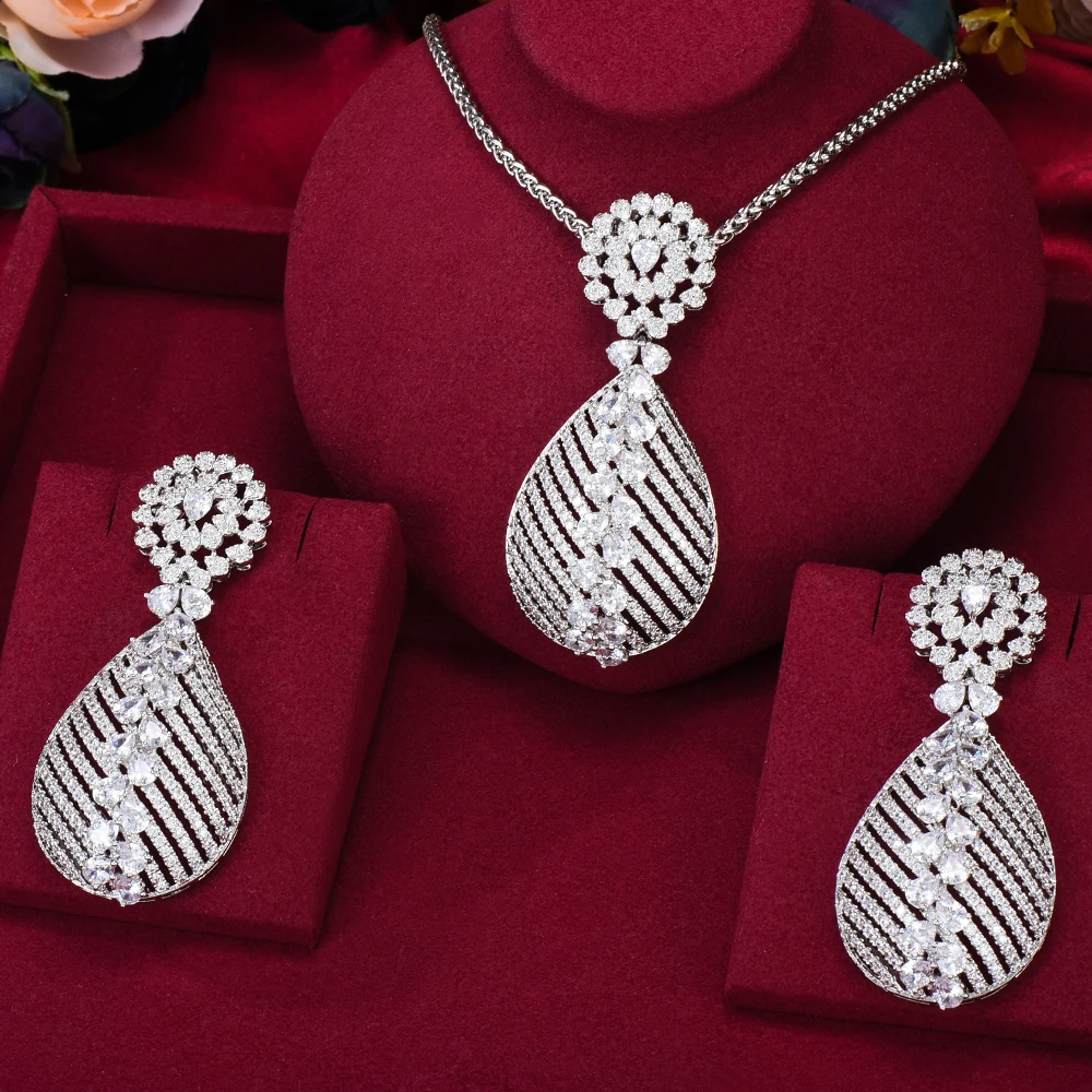 Fashion Trendy Waterdrop Luxury Women Nigerian Wedding Naija Bride Cubic Zirconia Necklace Dubai 2PCS Jewelry Set | Украшения и