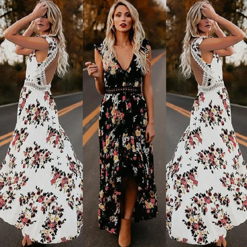 

Women Boho Backless Irregular Floral Printed Dress 2020 Summer Deep V Trim Long Lace Maxi Dresses Open Back Party Vestidos
