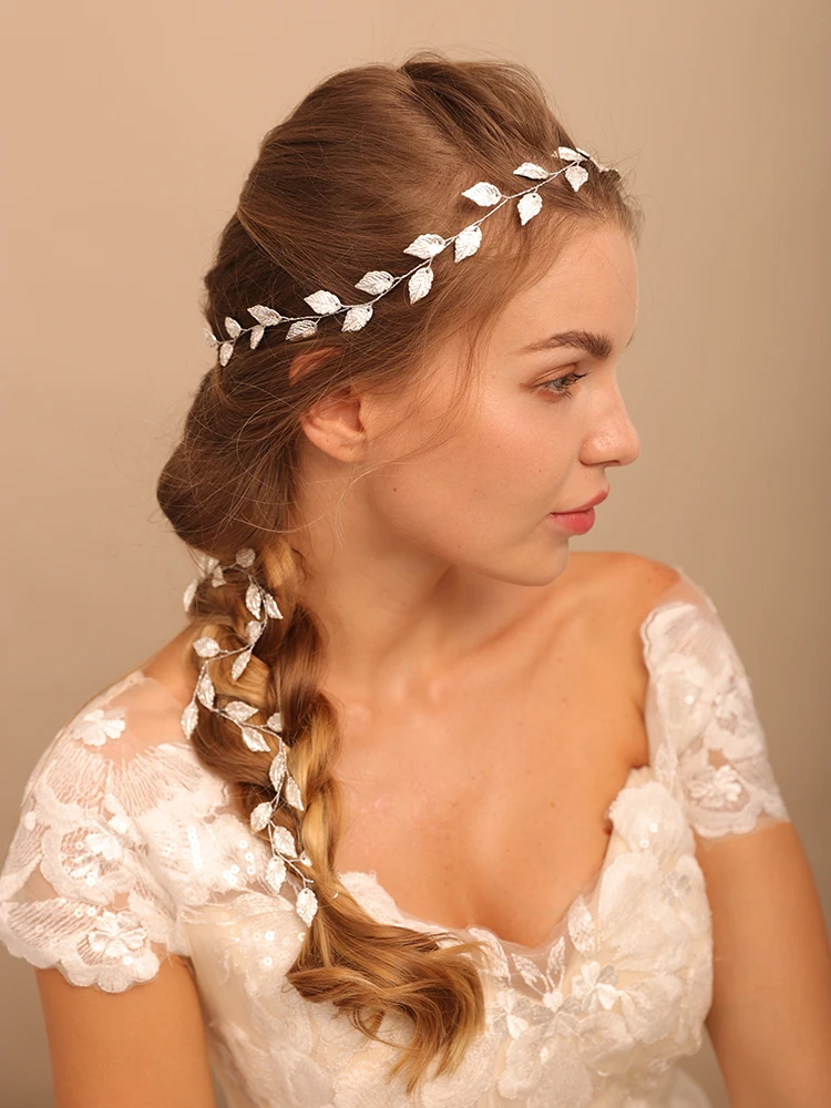 Vintage Silver Leaves Long Hair Vine 100cm Wedding Head Accessories Party Prom Girls Headbands Bridal Headdresses for hair