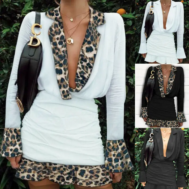 Fashion Women Dress Deep V neck Long Sleeve Ruffle Leopard Mini Formal Club Party Sexy Dresses | Женская одежда