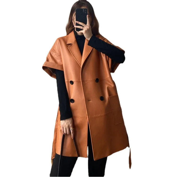 genuine Leather coat 2021 suit collar double-breasted windbreaker short sleeve strap long thin real sheepskin jacket women sexy