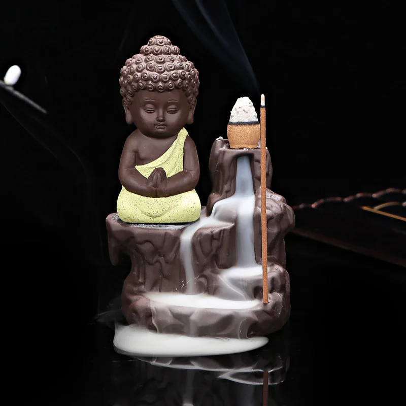 50Pcs Incense Cones+ 1Pc Burner The Little Monk Small Buddha Censer Ceramic Waterfall Backflow Incense Burner Holder Home Decor