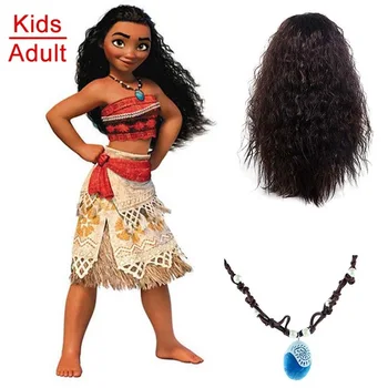 

Adult Kids Princess Vaiana Moana Costume Dresses with Necklace Wig Women Girls Halloween Party Moana Dress Costumes Cosplay