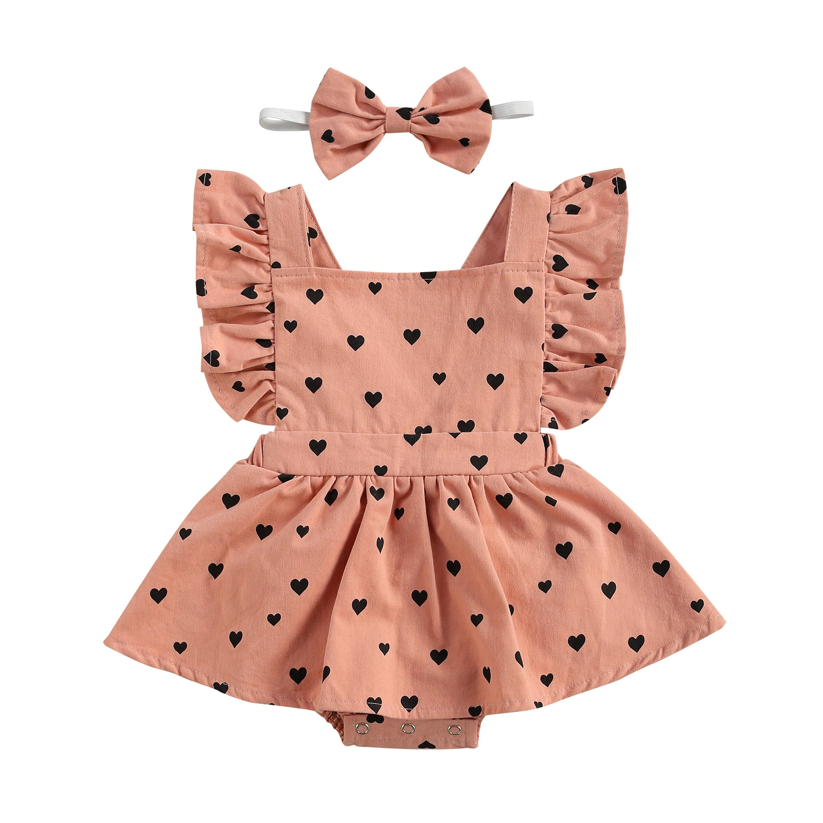 Infant Newborn Baby Girls Hearts Bodysuits Dress Ruffled Jumpsuits Headband Summer Outfits Cute Infant Baby Girls Romper Baby Rompers