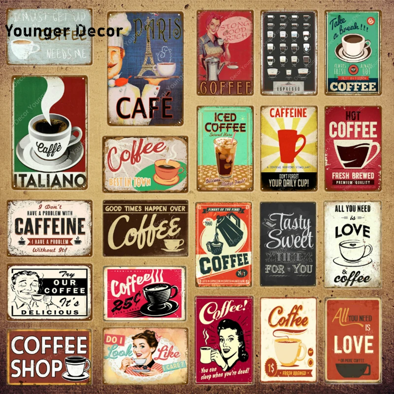 Paris Cafe Coffee Shop Tin Sign Italiano Caffeine Vintage Metal Plaque  Kitchen Bar Wall Decor Retro Posters Iron Painting YI-128