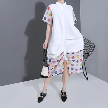 

WOMENGAGA 2020 Summer New Sing Breasted Patchwork Casual Loose Large Size Korean Empire Streetwear Turn-down Collar A-line A256