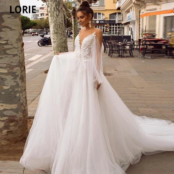 

LORIE Elegant Lace Wedding Dresses Deep V-neck Backless Beaded Beach Bridal Gown Sweep Train charming Tulle Princess Party Dress