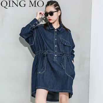 

QING MO Spring Women Denim Dress 2020 Women Plus Size Dress With Adjustable Waist Female Elegant Dress Black Blue ZQY3626