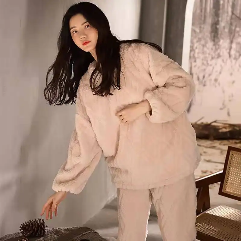 

Sleepwear Women Coral Velvet Autumn Winter Thick Warm Pajamas Suit Long Sleeved Flannel Soft Simple Style Nightwear Homewear