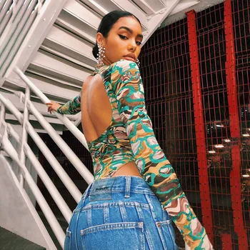 

Sexy Turtleneck Print Backless Bodysuit Women Fitness Long Sleeve Print Bodycon Rompers Slim Jumpsuit Party Stree Clubwear hot