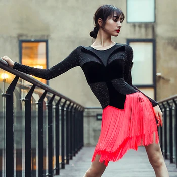 

Latin Dance Dress Women Sexy Long Sleeve Dress Competition Fringe Dress Red/Black Tassels Salsa Performance Latin Dresses BL2620
