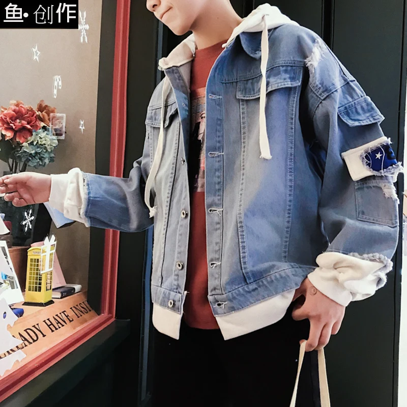 

Preppy Style Men Hooded Denim jacket Loose Comfortable Streetwear Jean jacket men Bomber jacket Cothes Mens jackets and coats