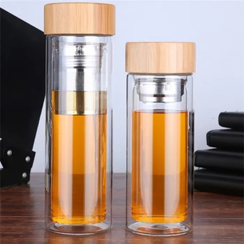 

450ML High Temperature Resistant Glass Cup With Double Bamboo Cover Portable Simple Tea Cup Thickened Vacuum Cup