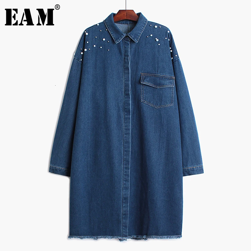 

[EAM] Women Pearls Bow Bandage Denim Trench New Lapel Long Sleeve Loose Fit Windbreaker Fashion Tide Autumn Winter 2019 1B343