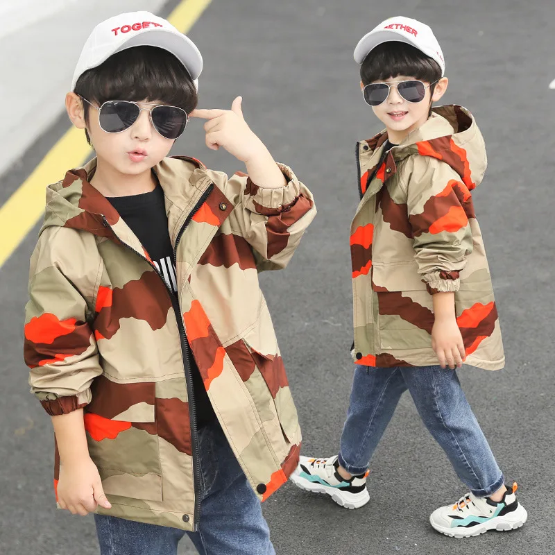 

Spring Autumn Camouflage Kids Boys Jackets Casual Teenager Trench Coat Hooded Letter Print Children Outerwear Boys Clothing