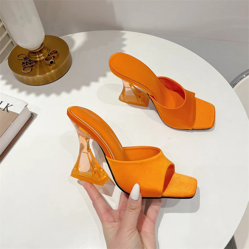 Vanessas comfortable pu leather slides sandals pumps with silky wide band and transparent strange high heels for summer women’s heels