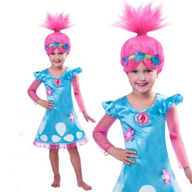 Trolls Dress Cosplay Wig+headband Trolls Wigs Dress Girls Party Cosplay Up synthetic wigs