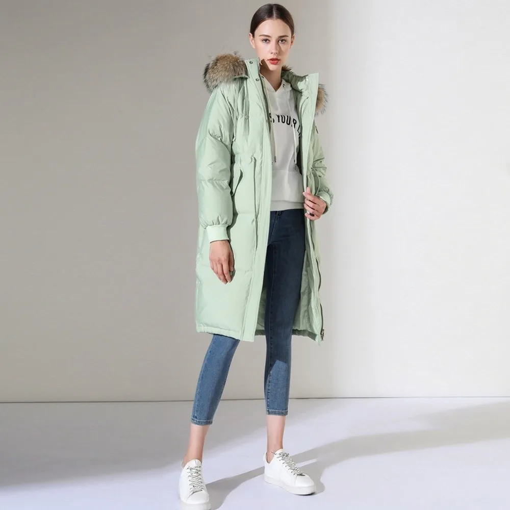 Новые с мехом енота меховой воротник 90% белый утиный пух куртки женские толстые твердые молнии длинные тонкие женские топы и блузки