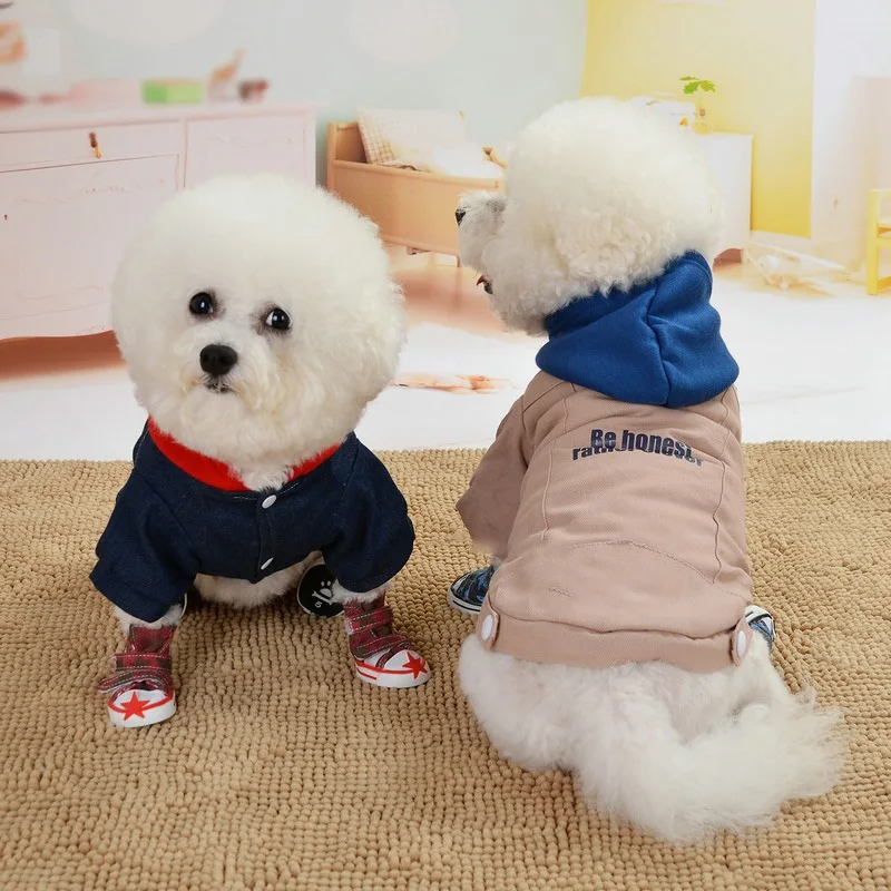 2 ноги утолщение куртка щенок с капюшоном пальто для домашних животных теплый хлопок мягкий собаки пальто Джинсовая одежда
