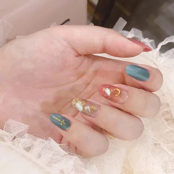 

24Pcs Detachable Fake press on Nail Pink and Blue Color Gradient Fake Nail Shiny Gold Foil artificial nails with glue for girls