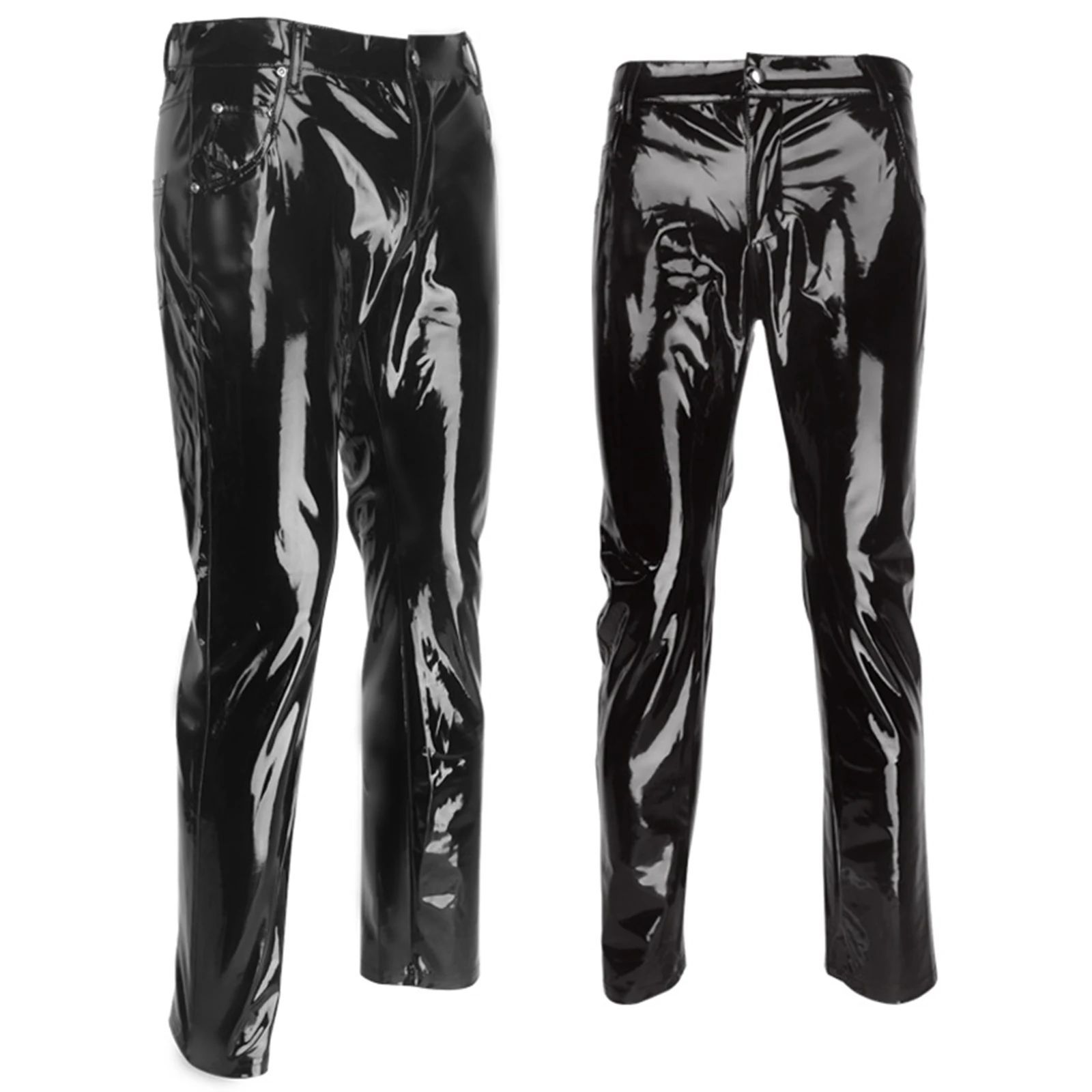 Men Leggings Latex Patent Leather Straight Trousers Mid Waist Button Fly Pencil Pants