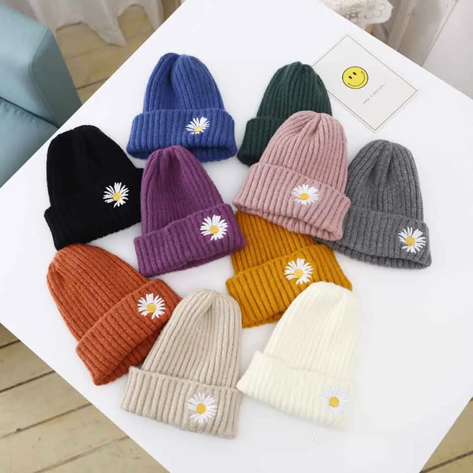 

Candy Color Mother Kids Hat for Girls Boys Autumn Winter Baby Beanie Kids Cap Daisy Embroidery Warm Knitted Parent Children Hats