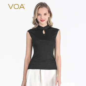

Voa33 Mimi Silk Black Knit Half-high Collar Buckle Close-fitting Open Breathable Elegant T-shirt B02 Women T Shirt