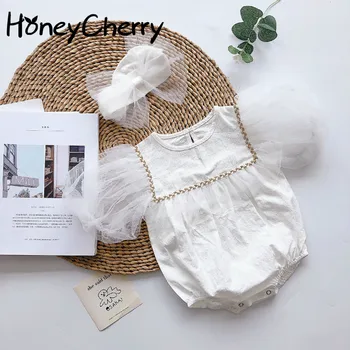 

2020 Summer Mesh Sweet One-Piece Romper Female Baby Baby Princess Crawling Clothes Puff Sleeve Bow