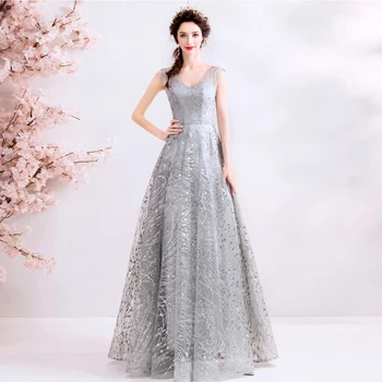 

Superior quality Formal Dress Women Gown Elegant Aline V Neck Sequins Silver-Grey Evening Dress 2019 Vestido Longo Festa