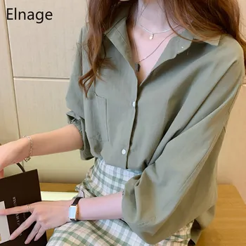 

Elnage Green Shirt Women's Spring Autumn 2020 New Loose Casual Female Korean Style V Neck Long-sleeved Tops 5A001