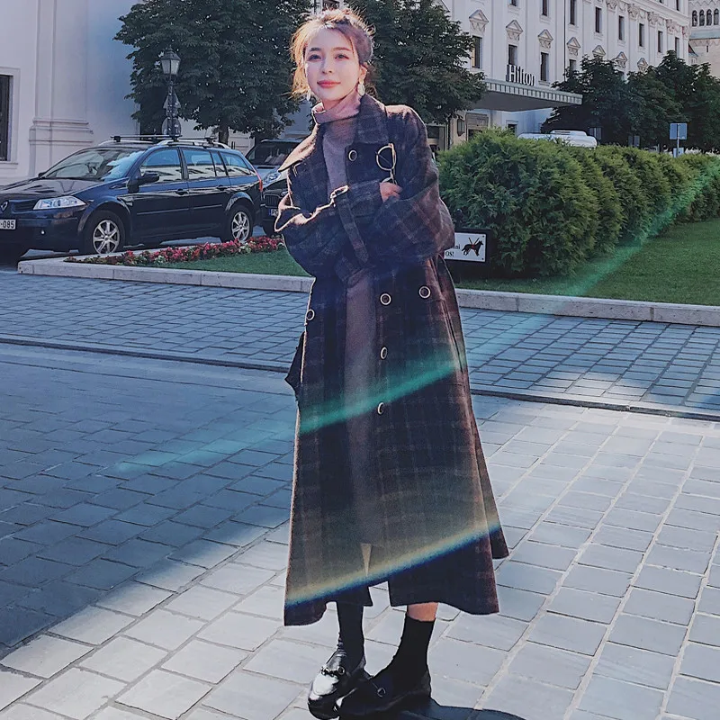 Ретро длинное клетчатое шерстяное пальто для женщин осень зима новая свободная ветровка шерстяные куртки Женское пальто v1102