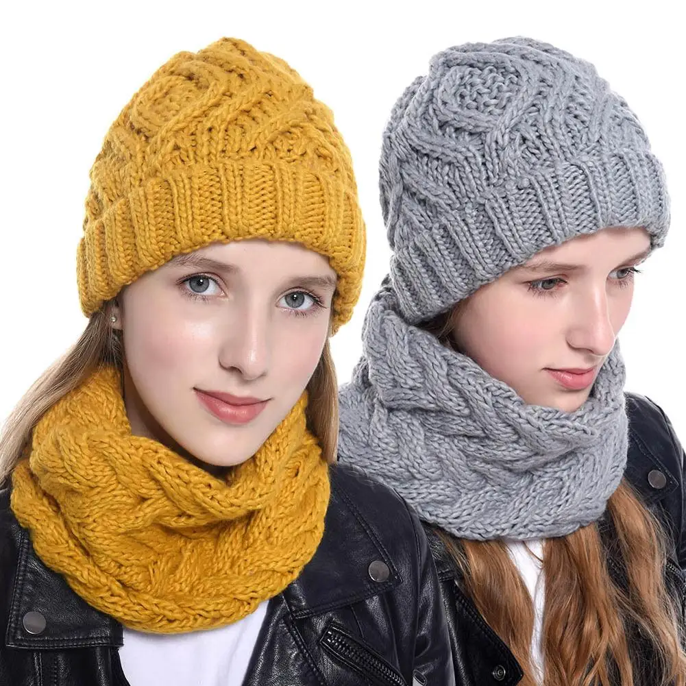 

2019 Fashion Women Soft Warm Thick Cable Knitted Hat Scarf Winter Set Two-piece Knitted Wool Hat Collar Suit