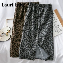 Винтажная длинная теплая юбка леопардовая расцветка элегантная шерстяная осень зима Шерстяная Юбка Ретро панк-юбка размера плюс Jupe